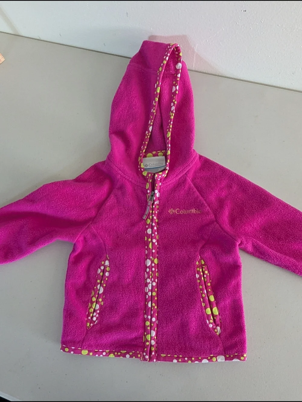 Columbia Baby Fleece Jacket 6-12 Months Pink Polka Dot Trim Hooded Zip Up